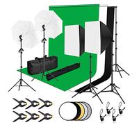 EMART Kit studio photo, système de fond de studio photo 2,6 m x 3 m avec 3 fonds photographiques + support + kit boîte à lumière + réflecteur 5 en 1 + parapluies pour studio photo, portrait de produit