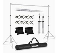 EMART Support Fond Photo Argenté, 2,6x3m de Support Toile de Fond Réglable avec 8 Pinces, 2 Sacs de Sable et Sac de Transport pour Studio Photo, Vidéo, Fête, Mariage-Argenté