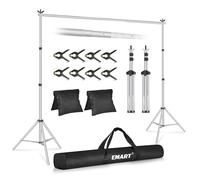 EMART Support Fond Photo Argenté, 2x3m de Support Toile de Fond Réglable avec 8 Pinces, 2 Sacs de Sable et Sac de Transport pour Studio Photo, Vidéo, Fête, Mariage-Argenté