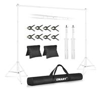 EMART Support Fond Photo Blanc, 2,6x3m de Support Toile de Fond Réglable avec 8 Pinces, 2 Sacs de Sable et Sac de Transport pour Studio Photo, Vidéo, Fête, Mariage-Blanc