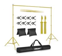 EMART Support Fond Photo Or, 2x3m de Support Toile de Fond Réglable avec 8 Pinces, 2 Sacs de Sable et Sac de Transport pour Studio Photo, Vidéo, Fête, Mariage-Or