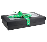 Emartbuy Lot de 12 boîtes cadeaux rectangulaires en kraft noir avec couvercle transparent et ruban satiné vert chapeau 21,5 x 13,5 x 4,5 cm