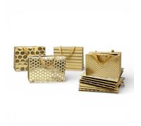Emartbuy Lot de 12 sacs cadeaux de luxe dorés avec poignées - Taille 18 x 12 x 8 cm - 4 motifs assortis en feuille d'or - Chevron, pois, rayures et étoiles - Sacs en papier réutilisables de qualité