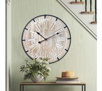 EMAX HOME 24 inch Large Farmhouse Wall Clock, Rustic Antique Wood with Metal Circle and Large Engraved Numerals, Silent Battery Operated Wall Clock for Office Kitchen Bedroom Living Room