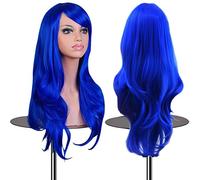 EmaxDesign 70cm Perruque Cosplay de Qualité Supérieure pour Femmes. Longue, Bouclée et Ondulée, Résistante à la Chaleur. Mode Glamour avec Bonnet et Peigne de Perruque Gratuits (Couleur: Bleu Foncé)