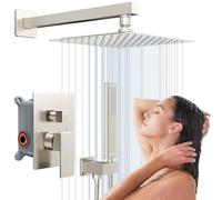 EMBATHER Système de douche complet pour salle de bain douche, pommeau de douche certifié California 25,4 cm avec valve en laiton et kit de garniture, nickel brossé