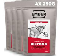Ember Biltong de Bœuf Chilli 1 kg - Viande Séchée Beef Jerky Riche en Protéines - En-cas Faible en Gras, Sans Sucres Ajoutés, Keto - 4 Sacs Refermables de 250 g (L'emballage peut varier)