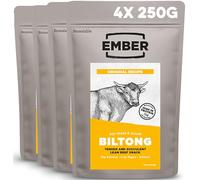 Ember Biltong de Bœuf Original 1 kg - Viande Séchée Beef Jerky Riche en Protéines - En-cas Faible en Gras, Sans Sucres Ajoutés, Keto - 4 Sacs Refermables de 250 g (L'emballage peut varier)