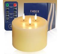 Ember Candles™ Bougie LED télécommandée à triple mèche Ivoire 13 cm x 15 cm - 100 % cire véritable, flamme ultra réaliste, design coulé à la main, alimentée par piles, minuterie de 6 heures pour une