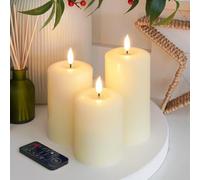 Ember Candles™ Bougies d'intérieur à LED 100 % cire véritable, flamme ultra réaliste, coulée à la main, alimentation par piles, minuterie de 6 heures (avec télécommande) Ivoire 10 cm, 12,5 cm et 15 cm