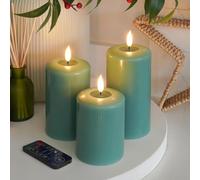 Ember Candles™ Bougies d'intérieur LED télécommandées vert sauge 10 cm, 12,5 cm et 15 cm - 100 % cire véritable, flamme ultra réaliste, design coulé à la main, alimentées par piles, minuterie de 6