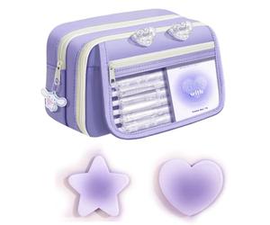 Embhlitfe Trousse à crayons de grande capacité pour filles, jolie trousse violette avec 2 notes adhésives, grande capacité pour l'école, le bureau, l'université, trousse à crayons mignonne pour filles
