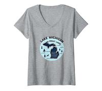 Emblème d'aventure panoramique du lac Michigan dans Les Grands Lacs T-Shirt avec Col en V, Femme, Gris Chiné, M