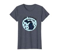 Emblème d'aventure panoramique du lac Michigan dans Les Grands Lacs T-Shirt, Femme, Bleu Chiné, XL