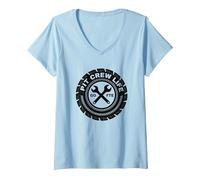 Emblème de Pneu Pit Crew Life : Go FTE Mechanic Pride T-Shirt avec Col en V, Femme, Bleu Céleste, S