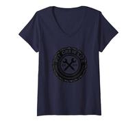 Emblème de Pneu Pit Crew Life : Go FTE Mechanic Pride T-Shirt avec Col en V, Femme, Bleu Marine, S