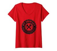 Emblème de Pneu Pit Crew Life : Go FTE Mechanic Pride T-Shirt avec Col en V, Femme, Rouge, S