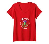 Emblème Patriotique écossais et Fier Chardon T-Shirt avec Col en V, Femme, Rouge, XL