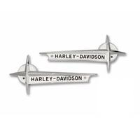 Emblèmes emblèmes Autocollants Logo Fregi Plaques pour Réservoirs Compatible pour Moto (Harely-Davidson) Aluminium, Chrome/Noir/Blanc, 21 cm de long - Original OEM HD 61776-61 - Kit de montage HD