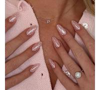 Embouts de manucure à pression de 12 tailles en forme d ' amande, ensemble d ' embouts à couverture complète rose chair avec détails de points blancs pour un look quotidien et de fête à la maison