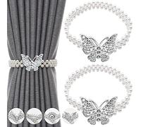 Embrasse pour Rideaux, Lot de 2 Attache Rideau en Réglables avec Fil à Ressort, Attaches Rideaux avec Butterfly et Perles, Pas de Forage pour Décoration de Maison, Bureau, Salon, Chambre (Argent)