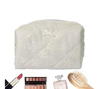 Embroidered Cosmetic Bag, Makeup Organizer, Toiletry Storage Pouch, Stylish Cotton Material, Compact Zipper Design, Travel Home Daily Use, 6.89x4.13x4.13 inches, Beige, 1 Piece