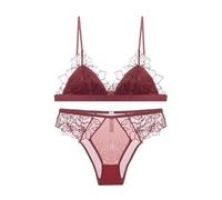 Embroidery Mesh Red Lace Back Bra Without Triangle Cup Big Chest Small Underwear Set(Red,S)(Red,XL)