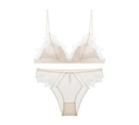 Embroidery Mesh Red Lace Back Bra Without Triangle Cup Big Chest Small Underwear Set(Red,S)(White,M)