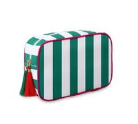 EMBRUNIOICE Trousse de maquillage de voyage à rayures avec pompons, grande pochette en toile à fermeture éclair et trousse à carreaux de Mahjong (blanc avec vert)