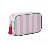 EMBRUNIOICE Trousse de maquillage de voyage à rayures avec pompons, grande pochette en toile à fermeture éclair et trousse à carreaux de Mahjong (blanc avec rose)