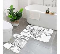 EMCLKS 2 Tapis de Bain Antidérapant,Tapis Salle de Bain Super Absorbant,Tapis de Douche Super Doux,Pieuvre, Illustration Classique à l'encre dessinée, créature Marine Sauvage,Ensemble Tapis de Bain