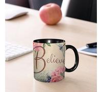 EMCLKS Mug en céramique, 330ml, tasse à thé, tasse cafe, tasse drole, cadeau drole, cadeau homme, mug cafe, Magnifique œuvre d'art ornée d'une calligraphie élégante du mot « croire », entourée de