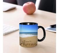 EMCLKS Mug en céramique, 330ml, tasse à thé, tasse cafe, tasse drole, cadeau drole, cadeau homme, mug cafe, Just Married Scritto su Sandy Beach Ocean Waves Romantic Photo Celebrity