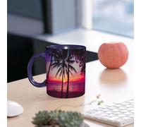 EMCLKS Mug en céramique, 330ml, tasse à thé, tasse cafe, tasse drole, cadeau drole, cadeau homme, mug cafe, Pays de rêve, cocotiers, plage, vacances, côte aux nuances de rose et de violet