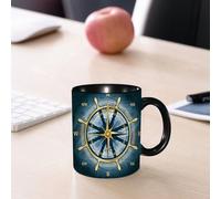 EMCLKS Mug en céramique, 330ml, tasse à thé, tasse cafe, tasse drole, cadeau drole, cadeau homme, mug cafe, Navigation Boussole d'or avec rose des vents et casque sur une surface maritime ondulée