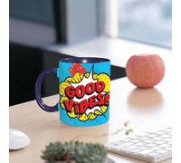 EMCLKS Mug en céramique, 330ml, tasse à thé, tasse cafe, tasse drole, cadeau drole, cadeau homme, mug cafe, Bonnes vibrations, sition pop art avec bulles de dialogue, lettres rétro, ballons en fo