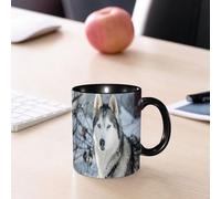 EMCLKS Mug en céramique, 330ml, tasse à thé, tasse cafe, tasse drole, cadeau drole, cadeau homme, mug cafe, Huskies aux yeux bleus dans un paysage enneigé, Husky debout dans la neige, Un Husky au