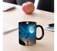 EMCLKS Mug en céramique, 330ml, tasse à thé, tasse cafe, tasse drole, cadeau drole, cadeau homme, mug cafe, Un chat noir bondit hardiment vers la pleine lune, capturant grâce et mystère