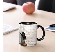 EMCLKS Mug en céramique, 330ml, tasse à thé, tasse cafe, tasse drole, cadeau drole, cadeau homme, mug cafe, Bottes et chapeau de cowboy sur fond de bois avec effet vintage et espace pour écrire