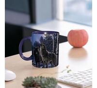 EMCLKS Mug en céramique, 330ml, tasse à thé, tasse cafe, tasse drole, cadeau drole, cadeau homme, mug cafe, Animaux, hurle le loup sous la pleine lune de poussière de neige, embrassez le mystère