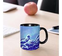 EMCLKS Mug en céramique, 330ml, tasse à thé, tasse cafe, tasse drole, cadeau drole, cadeau homme, mug cafe, Motif de la Grande Vague de Kangawa bleu marine et du Grand Tsunami, avec un ciel bleu