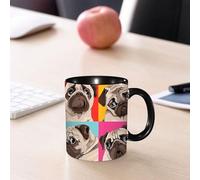 EMCLKS Mug en céramique, 330ml, tasse à thé, tasse cafe, tasse drole, cadeau drole, cadeau homme, mug cafe, Quatre portraits de carlins aux couleurs vives, dans un style pop art. Illustration vec
