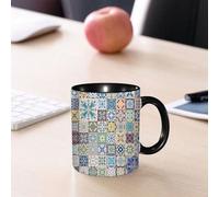 EMCLKS Mug en céramique, 330ml, tasse à thé, tasse cafe, tasse drole, cadeau drole, cadeau homme, mug cafe, Ensemble marocain, motif patchwork floral avec figures et formes arabesques, symboles m