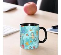 EMCLKS Mug en céramique, 330ml, tasse à thé, tasse cafe, tasse drole, cadeau drole, cadeau homme, mug cafe, Motif bleu sans couture avec une sirène. Fond vectoriel de style dessin animé.