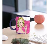 EMCLKS Mug en céramique, 330ml, tasse à thé, tasse cafe, tasse drole, cadeau drole, cadeau homme, mug cafe, Jeune fille blonde style pop art. Main droite. Bulle de dialogue vide. Zone de texte. F