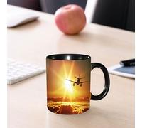 EMCLKS Mug en céramique, 330ml, tasse à thé, tasse cafe, tasse drole, cadeau drole, cadeau homme, mug cafe, Paysage, avion gros-porteur volant dans les airs, soleil levant avec des nuages
