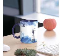 EMCLKS Mug en céramique, 330ml, tasse à thé, tasse cafe, tasse drole, cadeau drole, cadeau homme, mug cafe, Phare en mer à l'horizon avec une mouette. Illustration vectorielle.