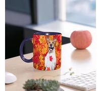 EMCLKS Mug en céramique, 330ml, tasse à thé, tasse cafe, tasse drole, cadeau drole, cadeau homme, mug cafe, Un chien Jack Russell, allongé sur le dos, rit aux éclats, le torse couvert de feuilles