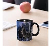 EMCLKS Mug en céramique, 330ml, tasse à thé, tasse cafe, tasse drole, cadeau drole, cadeau homme, mug cafe, Animaux, hurle le loup sous la pleine lune de poussière de neige, embrassez le mystère