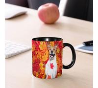 EMCLKS Mug en céramique, 330ml, tasse à thé, tasse cafe, tasse drole, cadeau drole, cadeau homme, mug cafe, Un chien Jack Russell, allongé sur le dos, rit aux éclats, le torse couvert de feuilles